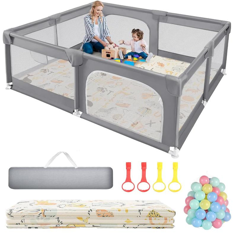 Baby Playpen with Play Mat, 79X71 Inch Extra Large Playpen for Babies and Toddlers, Baby Fence Play Pen Yard with Safety Gate Fence with 50 Ocean Balls 4 Pull Rings for Kids Indoor Outdoor