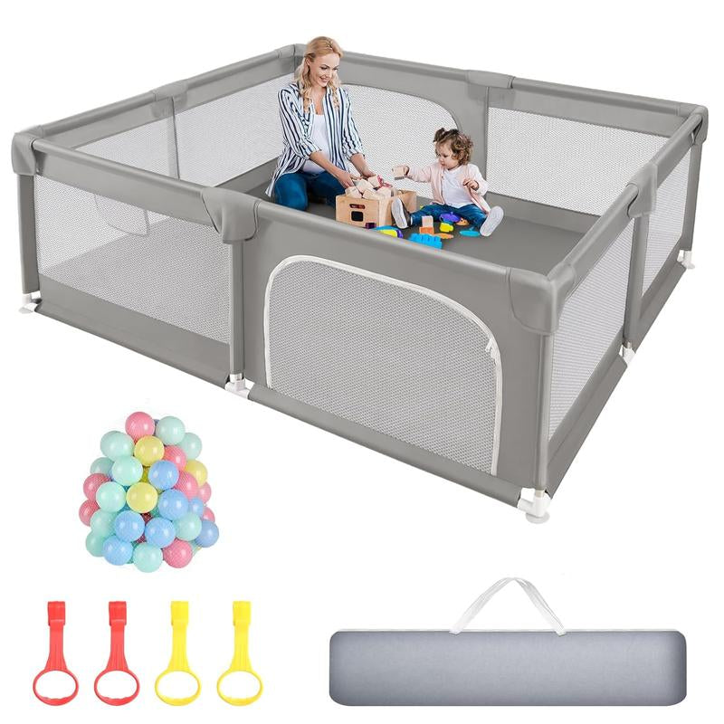 Baby Playpen with Play Mat, 79X71 Inch Extra Large Playpen for Babies and Toddlers, Baby Fence Play Pen Yard with Safety Gate Fence with 50 Ocean Balls 4 Pull Rings for Kids Indoor Outdoor