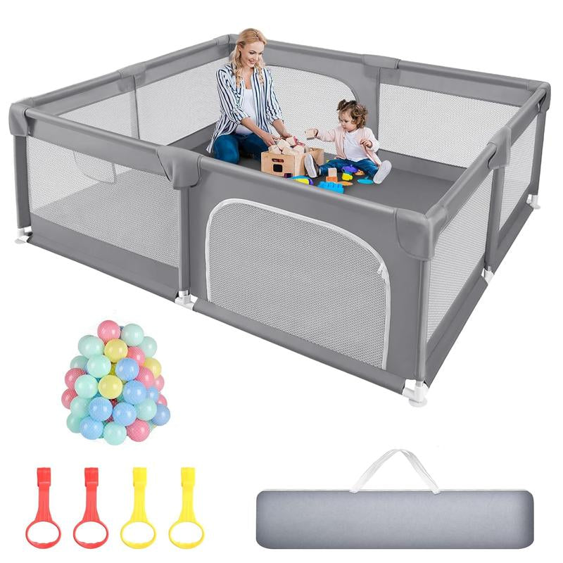 Baby Playpen with Play Mat, 79X71 Inch Extra Large Playpen for Babies and Toddlers, Baby Fence Play Pen Yard with Safety Gate Fence with 50 Ocean Balls 4 Pull Rings for Kids Indoor Outdoor