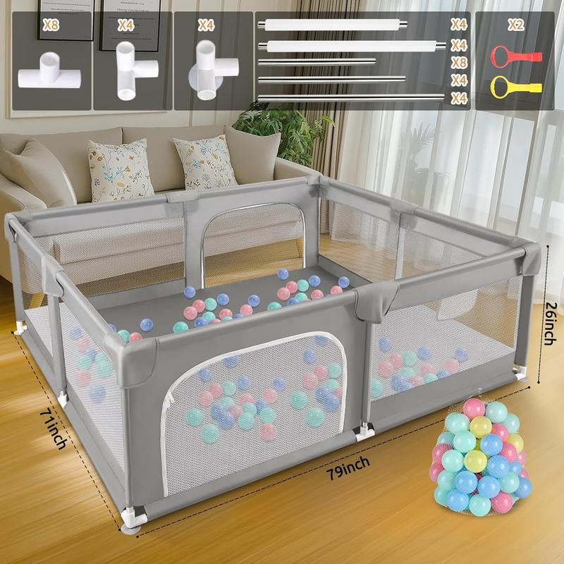 Baby Playpen with Play Mat, 79X71 Inch Extra Large Playpen for Babies and Toddlers, Baby Fence Play Pen Yard with Safety Gate Fence with 50 Ocean Balls 4 Pull Rings for Kids Indoor Outdoor
