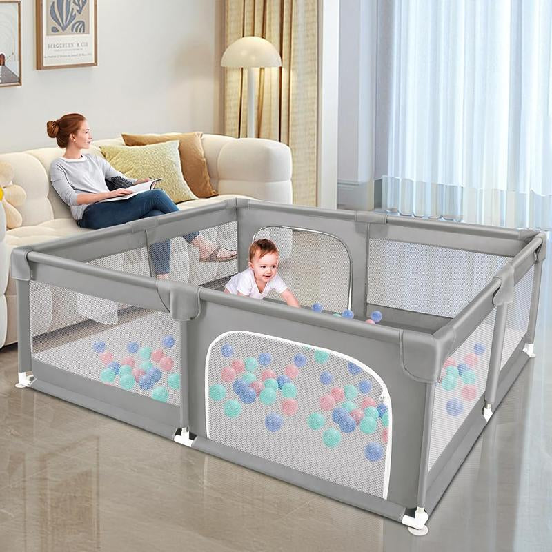 Baby Playpen with Play Mat, 79X71 Inch Extra Large Playpen for Babies and Toddlers, Baby Fence Play Pen Yard with Safety Gate Fence with 50 Ocean Balls 4 Pull Rings for Kids Indoor Outdoor
