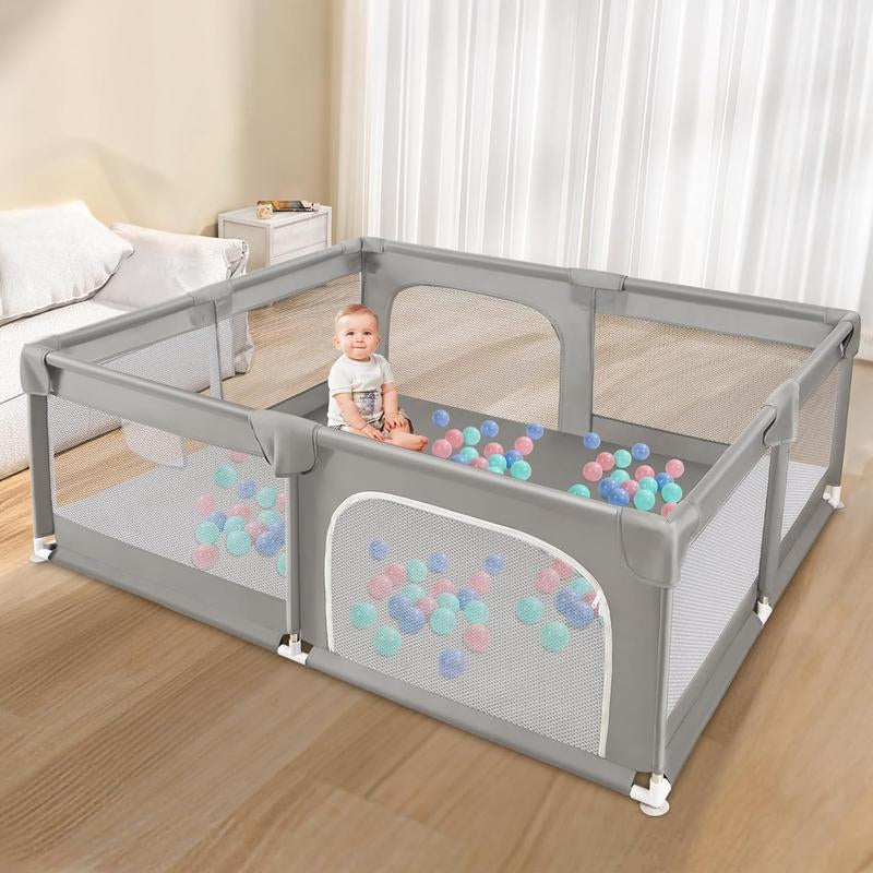 Baby Playpen with Play Mat, 79X71 Inch Extra Large Playpen for Babies and Toddlers, Baby Fence Play Pen Yard with Safety Gate Fence with 50 Ocean Balls 4 Pull Rings for Kids Indoor Outdoor