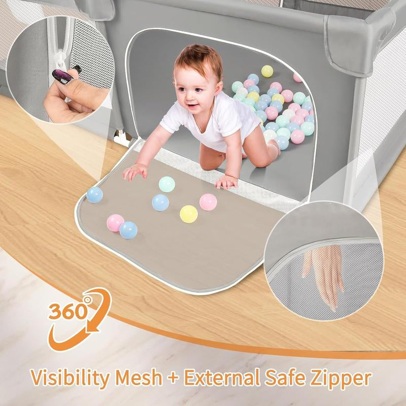 Baby Playpen with Play Mat, 79X71 Inch Extra Large Playpen for Babies and Toddlers, Baby Fence Play Pen Yard with Safety Gate Fence with 50 Ocean Balls 4 Pull Rings for Kids Indoor Outdoor