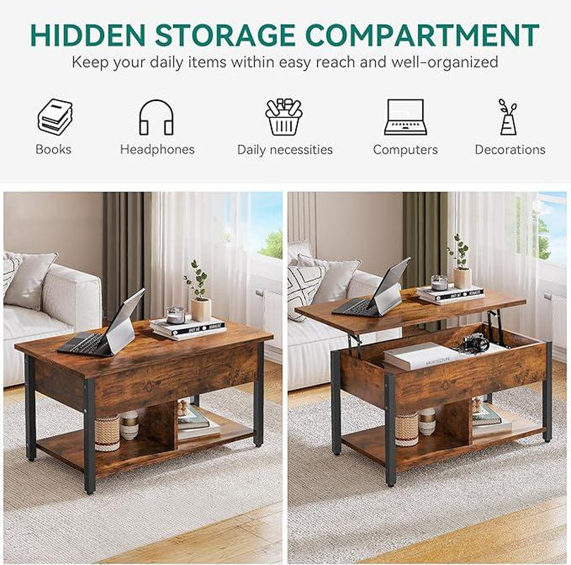 【Dealsforyoudays】Yitahome Lift Top Coffee Table, Easy-Lift, 2-Tier Storage, Adjustable Height Coffee Table with Hidden Storage Compartment and Storage Shelf for Living Room, Office, Rustic Brown