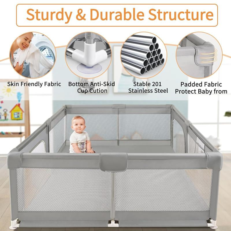 Baby Playpen with Play Mat, 79X71 Inch Extra Large Playpen for Babies and Toddlers, Baby Fence Play Pen Yard with Safety Gate Fence with 50 Ocean Balls 4 Pull Rings for Kids Indoor Outdoor