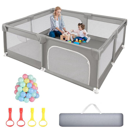 Baby Playpen with Play Mat, 79X71 Inch Extra Large Playpen for Babies and Toddlers, Baby Fence Play Pen Yard with Safety Gate Fence with 50 Ocean Balls 4 Pull Rings for Kids Indoor Outdoor