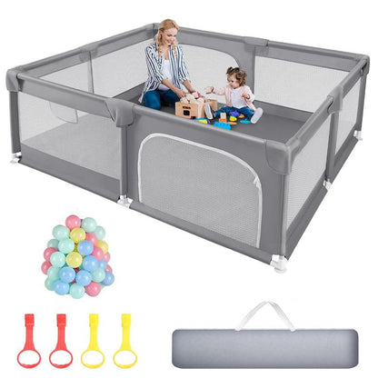 Baby Playpen with Play Mat, 79X71 Inch Extra Large Playpen for Babies and Toddlers, Baby Fence Play Pen Yard with Safety Gate Fence with 50 Ocean Balls 4 Pull Rings for Kids Indoor Outdoor