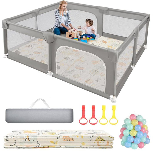 Baby Playpen with Play Mat, 79X71 Inch Extra Large Playpen for Babies and Toddlers, Baby Fence Play Pen Yard with Safety Gate Fence with 50 Ocean Balls 4 Pull Rings for Kids Indoor Outdoor