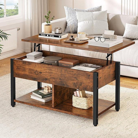 【Dealsforyoudays】Yitahome Lift Top Coffee Table, Easy-Lift, 2-Tier Storage, Adjustable Height Coffee Table with Hidden Storage Compartment and Storage Shelf for Living Room, Office, Rustic Brown
